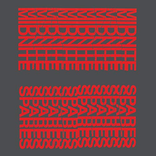 Red abstract letterforms and symbols on a dark gray background.