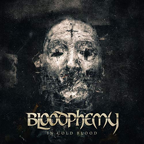 Distressed album cover featuring a decaying face and band name "Bloodphemy".