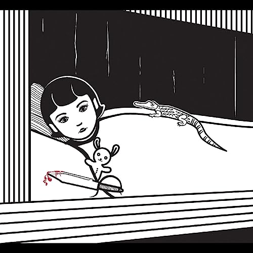 Black and white illustration of a girl, alligator, and rabbit.