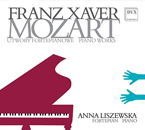 CD cover featuring Mozart and Liszewska, with a piano and hands illustration.