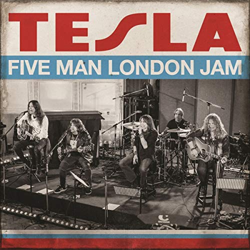 Tesla band performing live on stage, album cover for "Five Man London Jam".