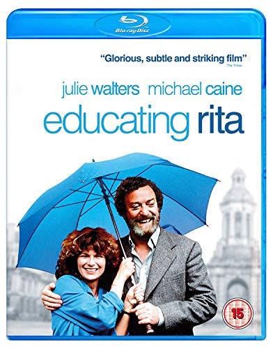 Blu-ray cover for Educating Rita featuring Julie Walters and Michael Caine under an umbrella.