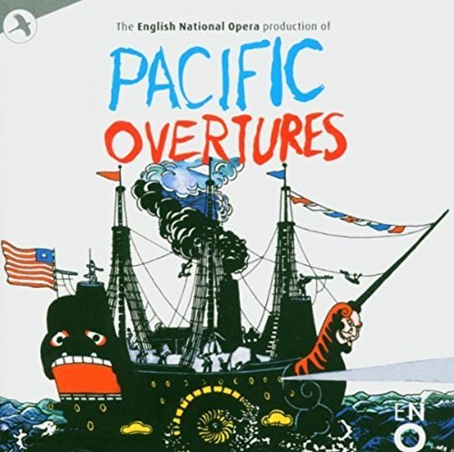 CD cover for “Pacific Overtures” featuring illustrated black ships and flags.