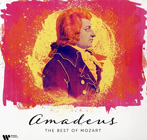Portrait of Mozart in a burgundy coat against a red and yellow splash background.