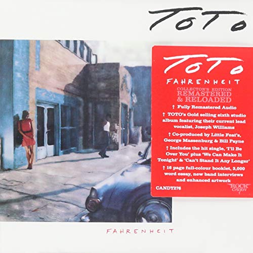 Toto’s “Fahrenheit” CD cover with a woman and vintage car scene.