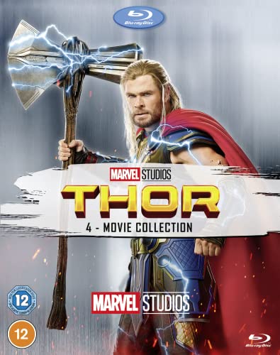Thor in armor holding a hammer with lightning bolts on Blu-ray box set cover.