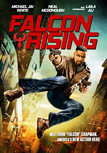 DVD cover for "Falcon Rising" featuring a man in action with guns.