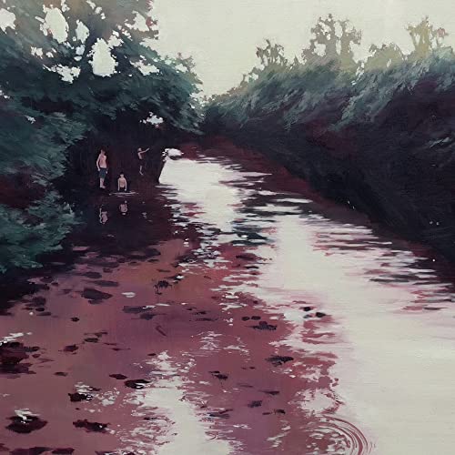 Painted landscape of a stream with figures and overhanging trees.