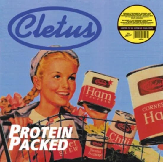 Vintage-style album cover featuring a woman, ham, and canned goods.