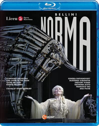 Blu-ray cover for Bellini's Norma featuring a woman in a gown and bull sculpture.