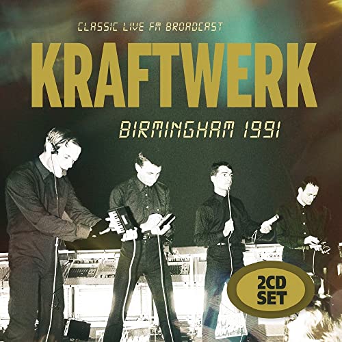 Kraftwerk performing live in 1991, album cover with four band members.