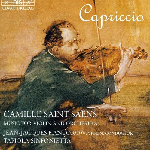 CD cover featuring a violinist playing, with text by Saint-Saëns.
