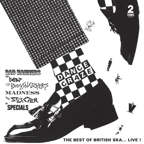 Black and white illustration of a person wearing checkered socks and loafers, titled Dance Craze.