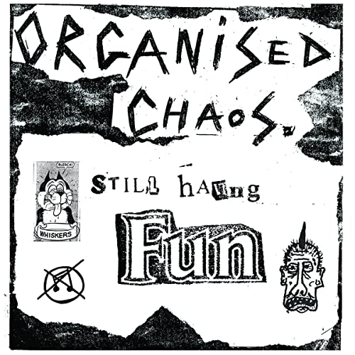 Black and white album cover with text, cartoon images, and symbols.