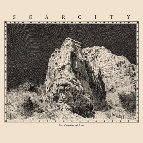 Scarcity album cover: detailed sketch of rocky mountains under a night sky.