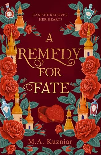 Book cover with red roses, Prague towers, and an open heart-shaped box.