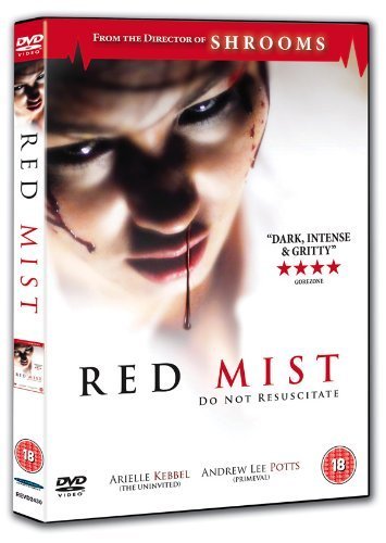Red Mist" DVD cover featuring a distressed woman with blood on her face.