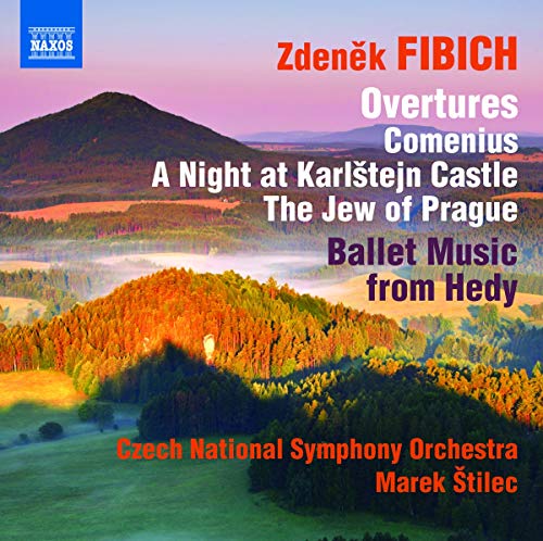 CD cover for Fibich’s Overtures featuring a misty mountain landscape.