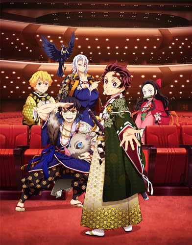 Demon Slayer characters in formal wear pose in a concert hall.