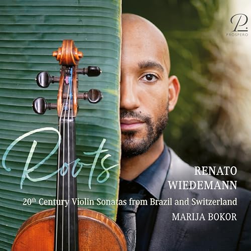 CD cover with violinist Renato Wiedemann and a violin against green leaves.