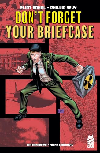 Comic book cover: man in suit running with a glowing briefcase.