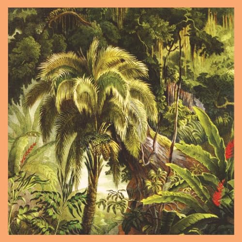 Lush, painted jungle scene with palm trees and vibrant green foliage.