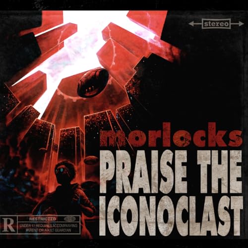 Dark album cover with bold text and a futuristic, industrial scene with a figure.
