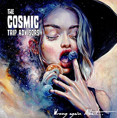 CD cover: painted portrait of a woman with a lollipop, cosmic background.