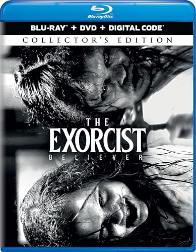 The Exorcist: Believer" Blu-ray cover with a distressed face and blue border.