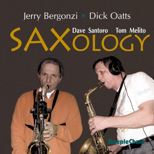 CD cover featuring two men playing saxophones, text “Saxology”.