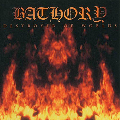Bathory album cover: fiery background with a shadowy, horned figure.
