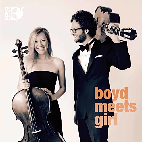 Woman with cello, man with guitar, formal wear, CD cover.