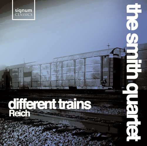CD cover for Reich’s “Different Trains” featuring a train image.