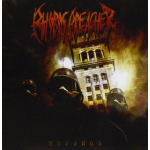 CD cover: burning building, riot police, and the title "Humanos".
