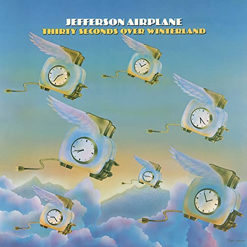 Album cover: Jefferson Airplane’s “Thirty Seconds Over Winterland” with clock-winged machines.