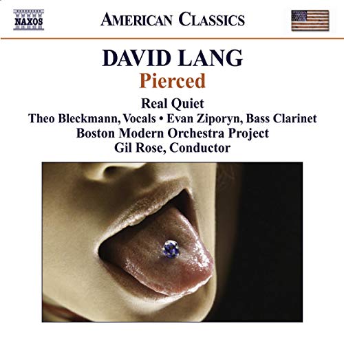 CD cover for David Lang’s “Pierced” featuring a close-up of lips with a blue stud.