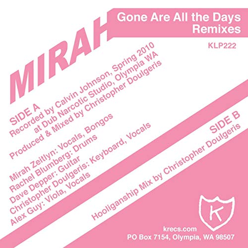 Vinyl record cover for Mirah’s “Gone All The Days” remixes, pink and white.