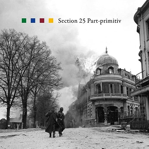 Black and white photo of two soldiers walking past a burning building with text.