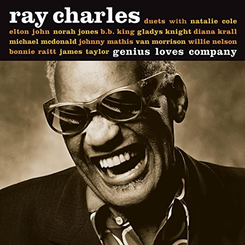 Ray Charles in sunglasses smiling, album cover for "Genius Loves Company.
