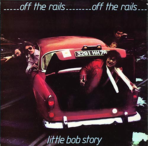 Red car with people inside and sticking out, album cover.