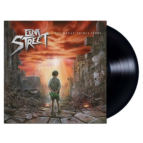 Elm Street vinyl record with apocalyptic cityscape album art and a boy.