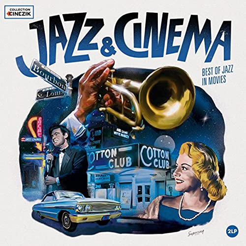 Vinyl album cover for “Jazz & Cinema” featuring musicians and a city scene.