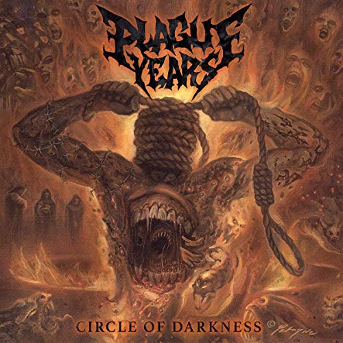 Dark album cover featuring a monstrous, bound figure and fiery background.