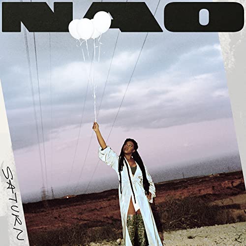 Nao album cover: woman holding balloons against a cloudy sky.