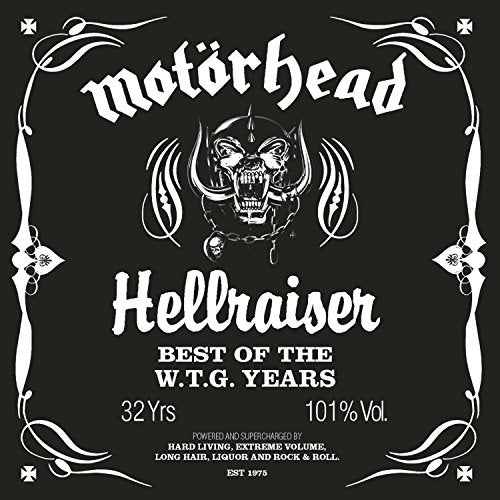 Motorhead album cover: skull with whiskers, white text on black background.