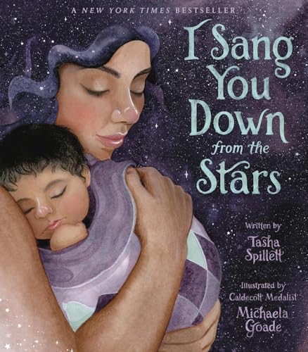 A mother cradles a sleeping child against a starry, purple background.