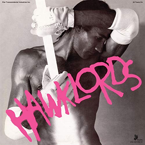 CD cover: shirtless man with a sword, pink “Hawklords” text.