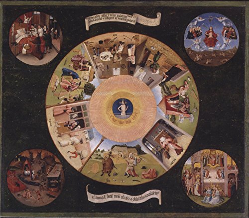 Circular painting depicting scenes of sin and redemption, medieval style.
