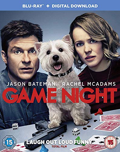 Jason Bateman, Rachel McAdams, and a small white dog on a Game Night cover.