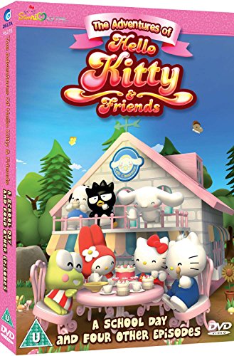 Hello Kitty and friends at a pink house with a picnic table.